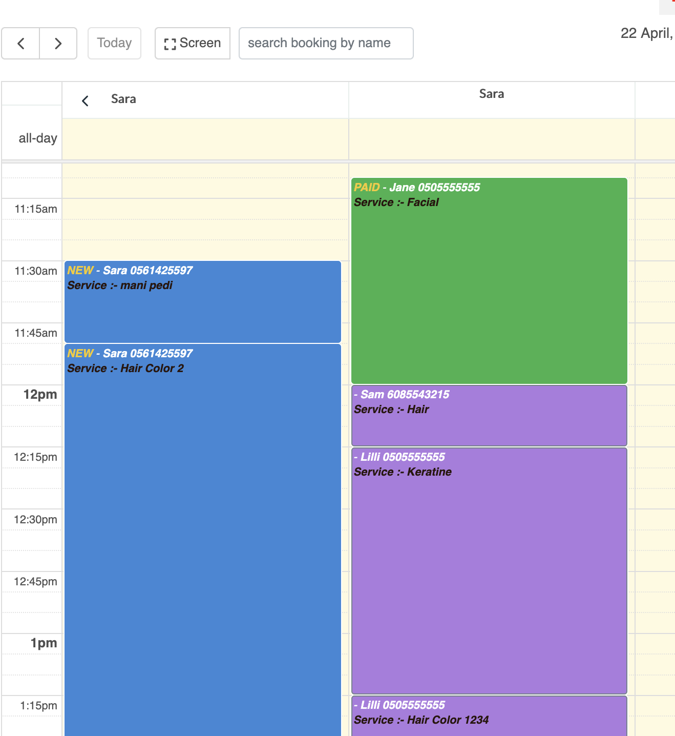 Salon booking calendar showing appointment scheduling interface